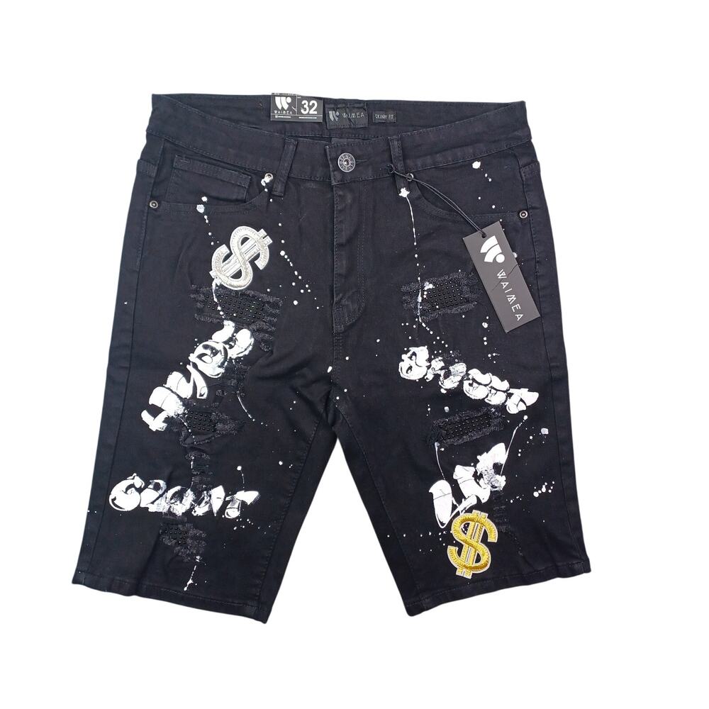 Waimea Black Skinny Fit Jean Shorts Men Size 32 Money‎ Graffiti Paint Streetwear